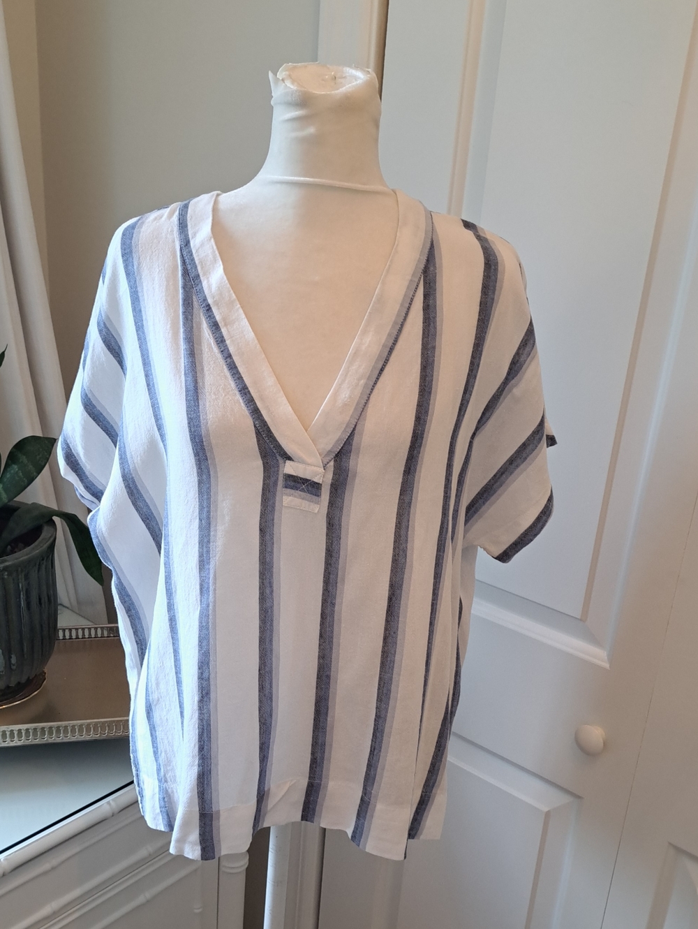 Marine Layer Womens Summer Linen Blend White/Blue Striped V Neck Tunic Blouse M